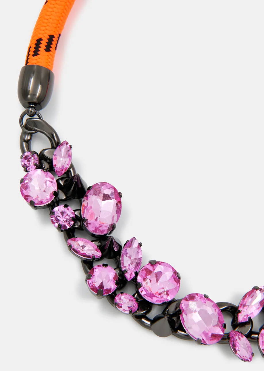 Silver-tone chain necklace with rhinestones with cord detail