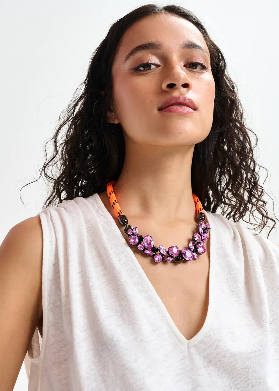 Silver-tone chain necklace with rhinestones with cord detail