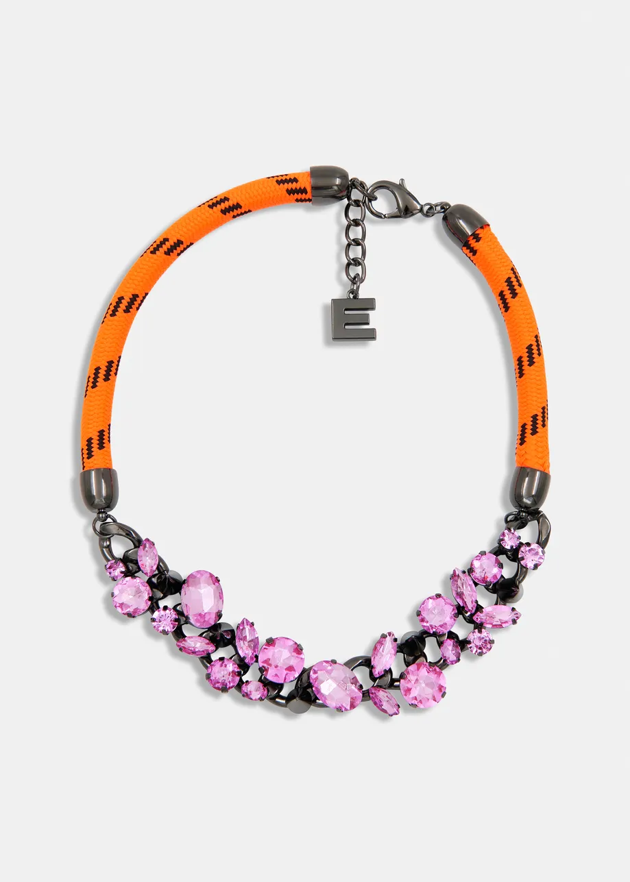 Silver-tone chain necklace with rhinestones with cord detail