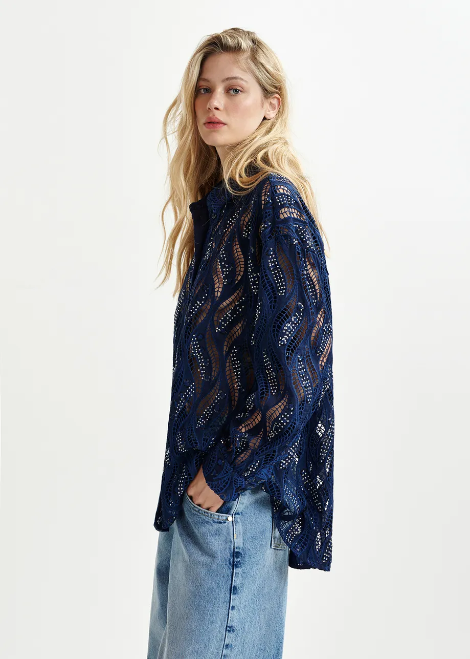 Dark blue broderie anglaise shirt with sequin and bead embellishments