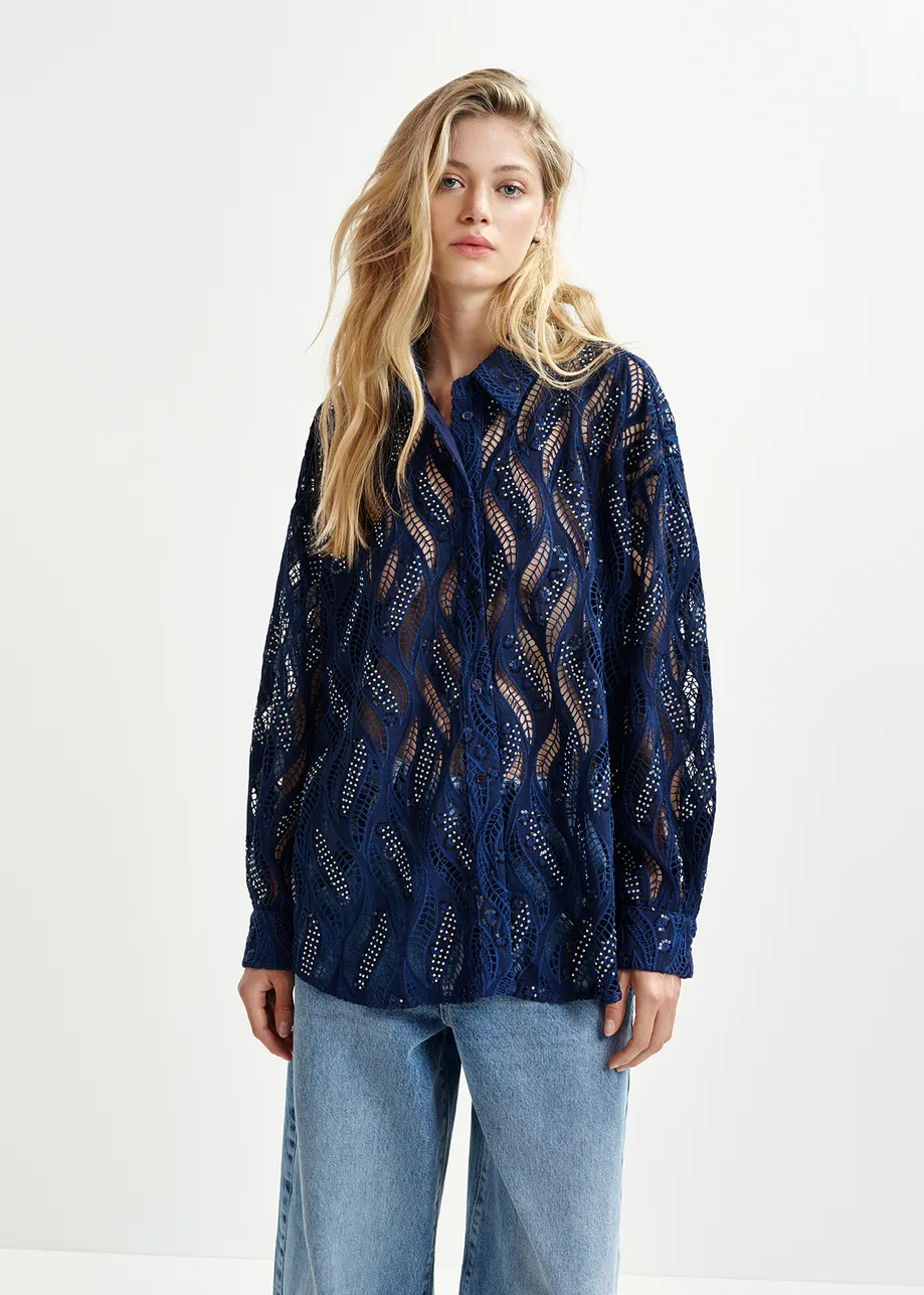 Dark blue broderie anglaise shirt with sequin and bead embellishments