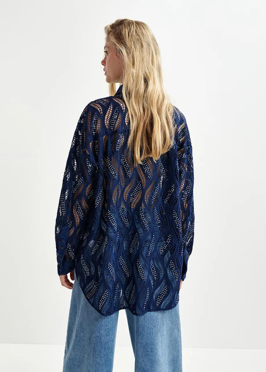 Dark blue broderie anglaise shirt with sequin and bead embellishments