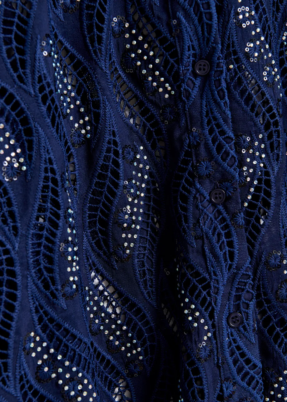 Dark blue broderie anglaise shirt with sequin and bead embellishments