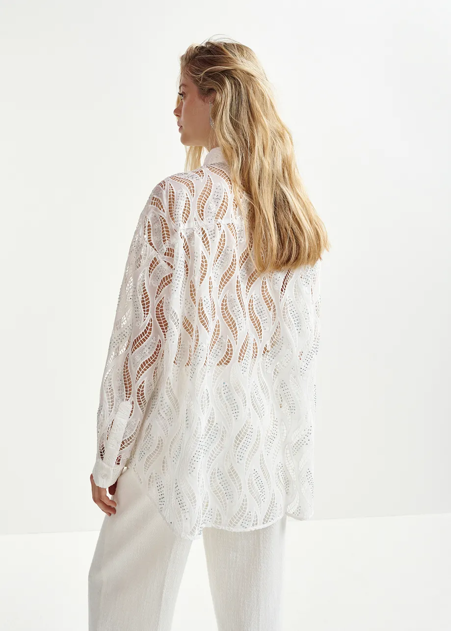 White broderie anglaise shirt with sequin and bead embellishments