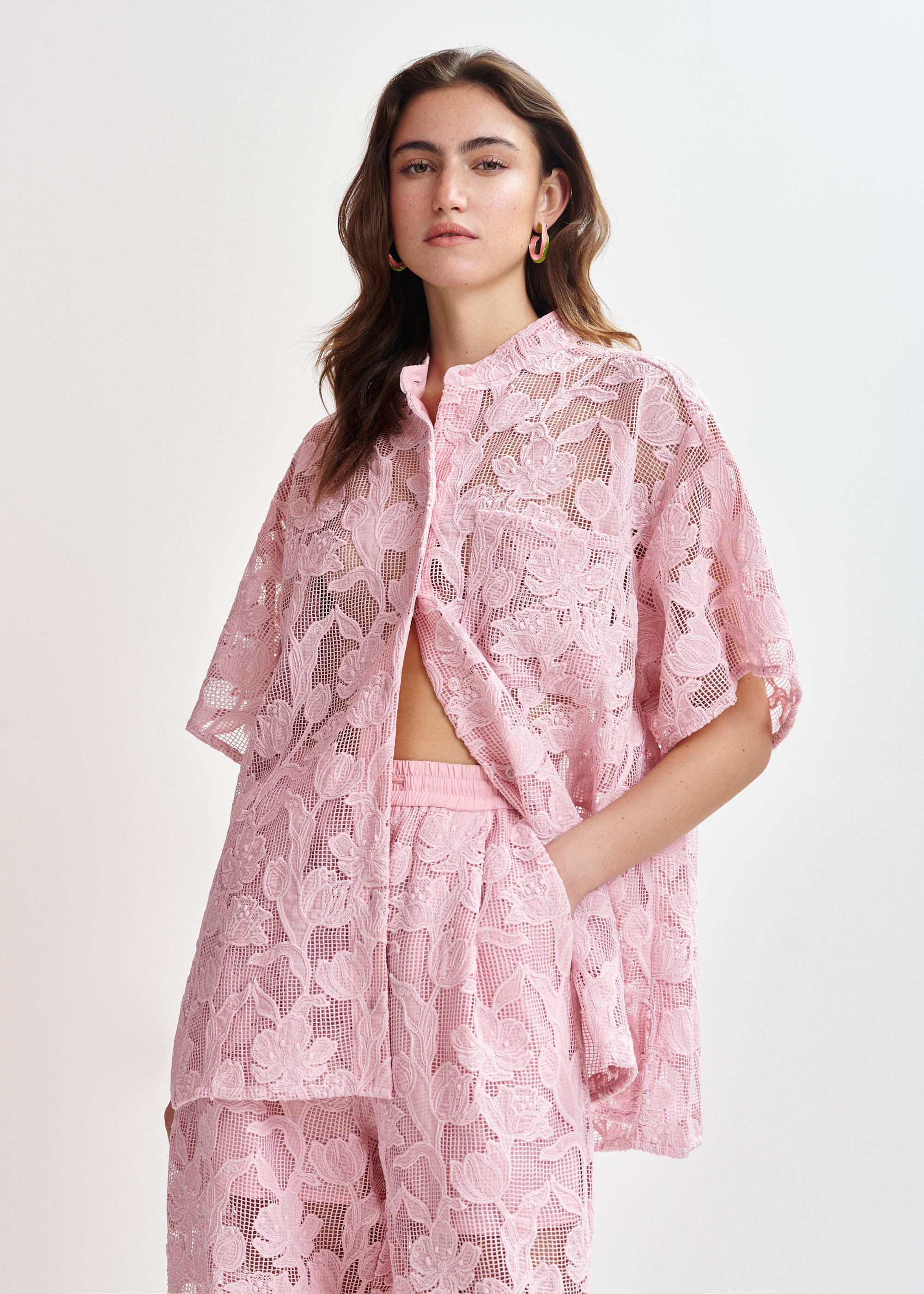 Light pink lace wide-leg pants | Essentiel Antwerp United States