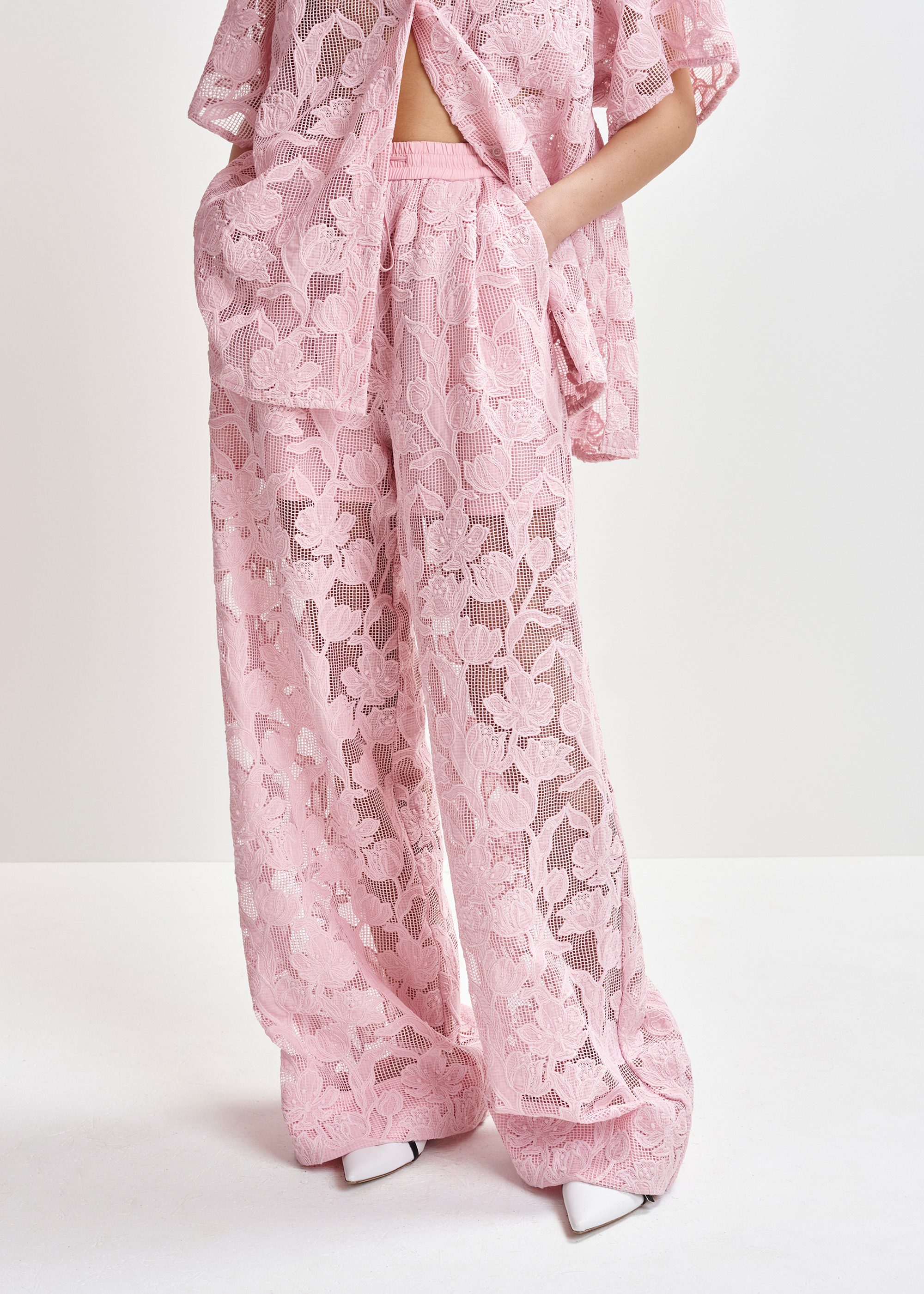 Light pink lace wide-leg pants | Essentiel Antwerp United States