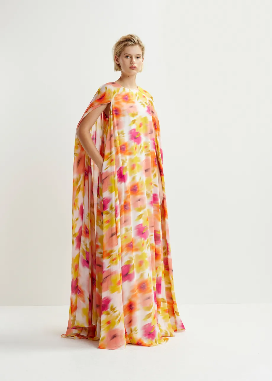 Multicolored maxi-dress with cape-like sleeves