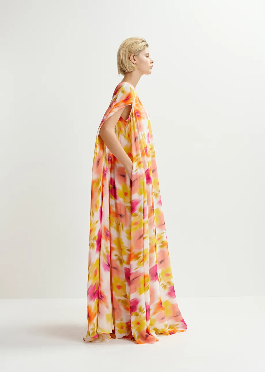 Multicolored maxi-dress with cape-like sleeves