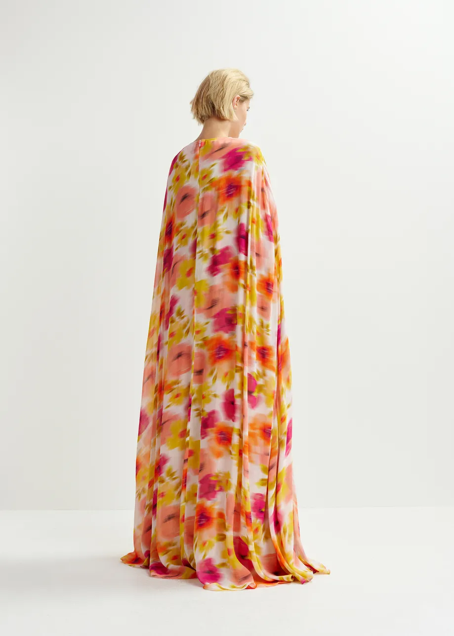 Multicolored maxi-dress with cape-like sleeves