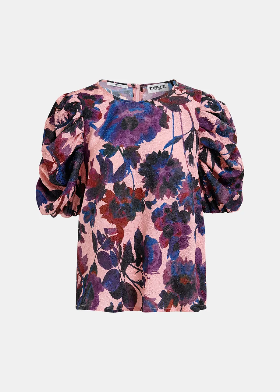 Top in jacquard rosa polvere, viola scuro e blu scuro con maniche voluminose