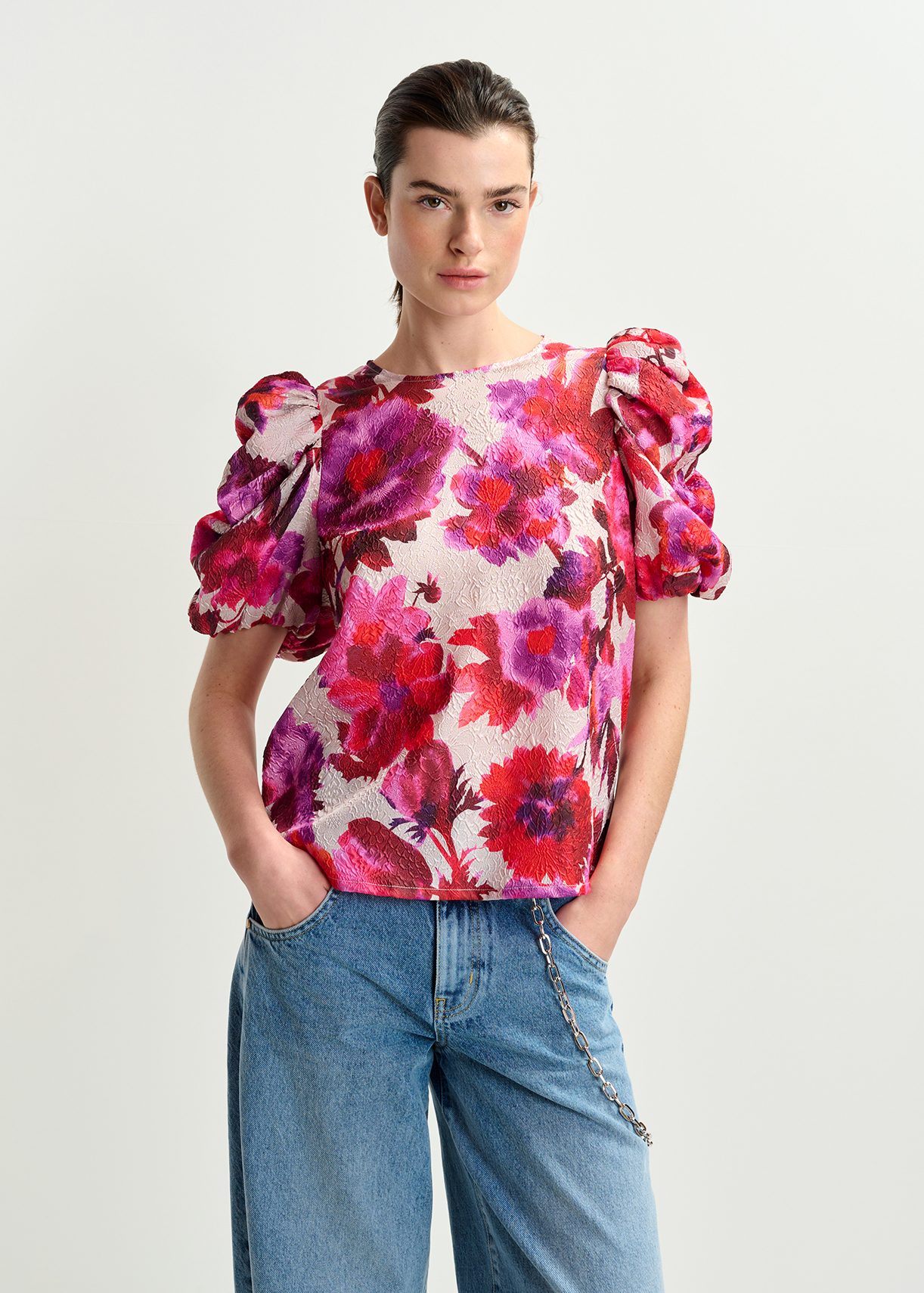 Off-white, pink and purple jacquard top with voluminous