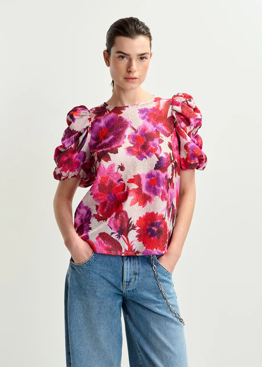 Off-white, pink and purple jacquard top with voluminous sleeves