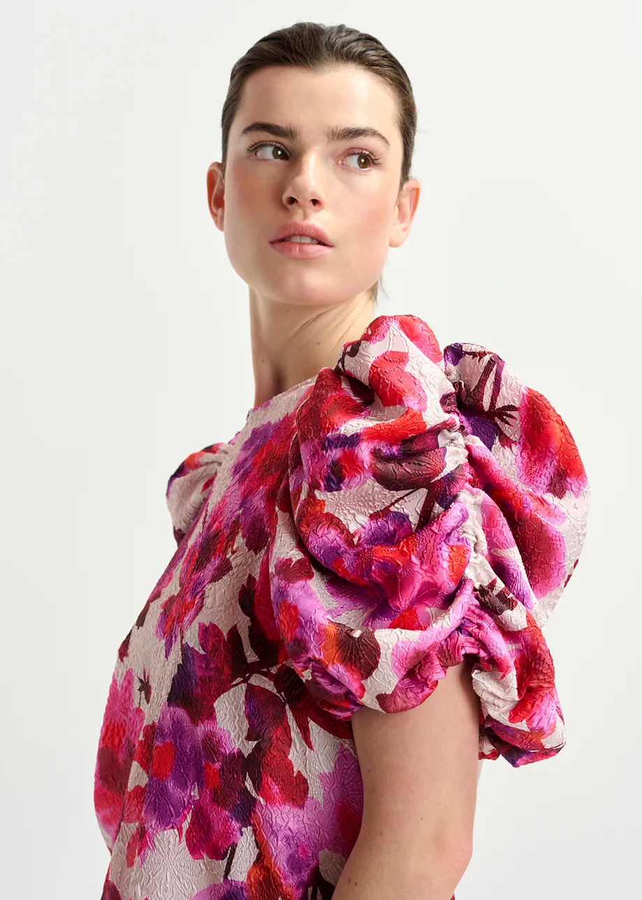 Off-white, pink and purple jacquard top with voluminous sleeves