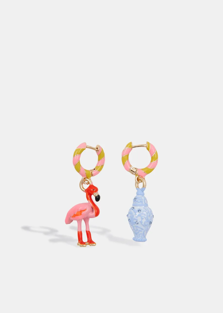 Pink and ochre hoop earrings with flamingo and vase pendants