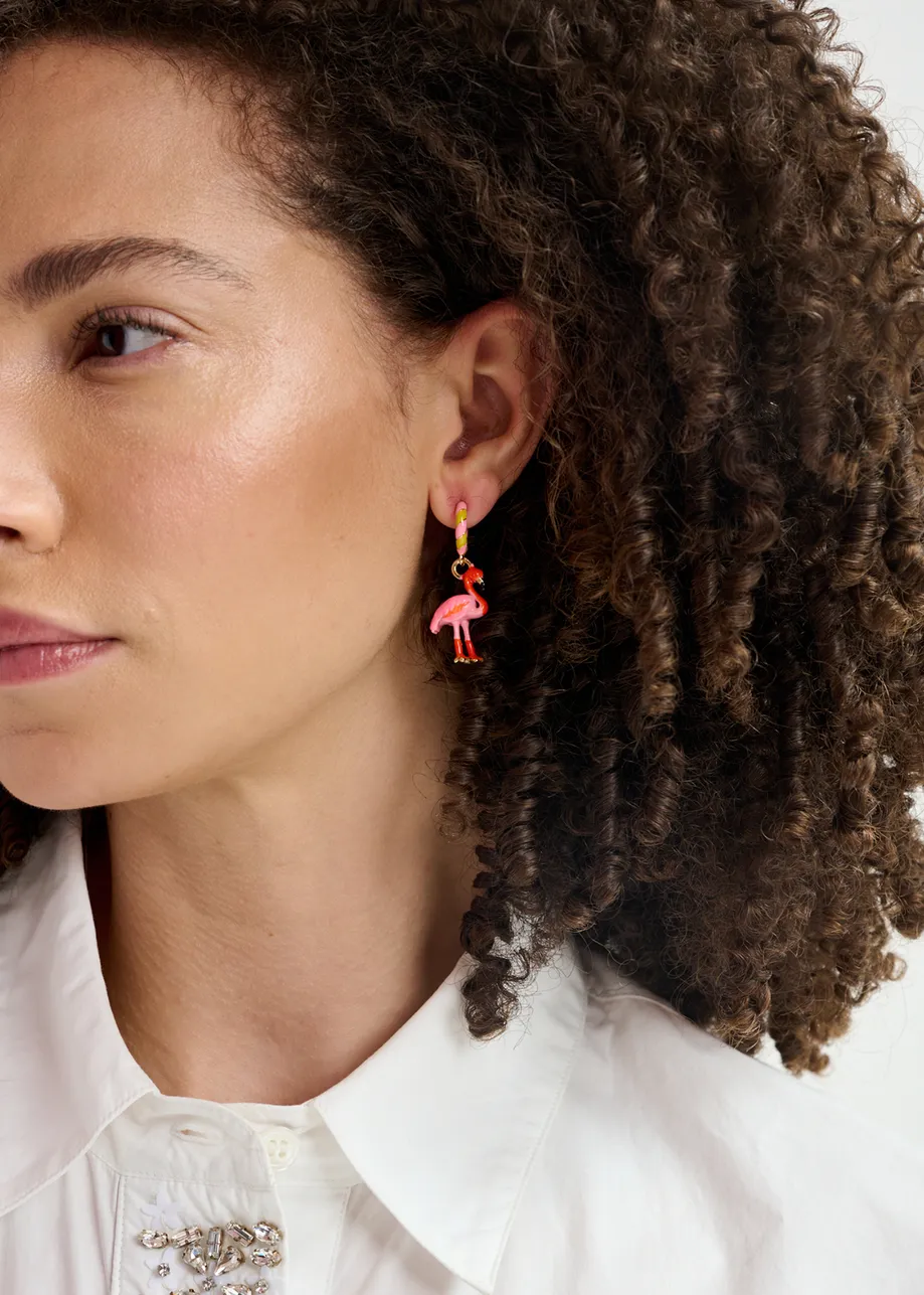 Pink and ochre hoop earrings with flamingo and vase pendants
