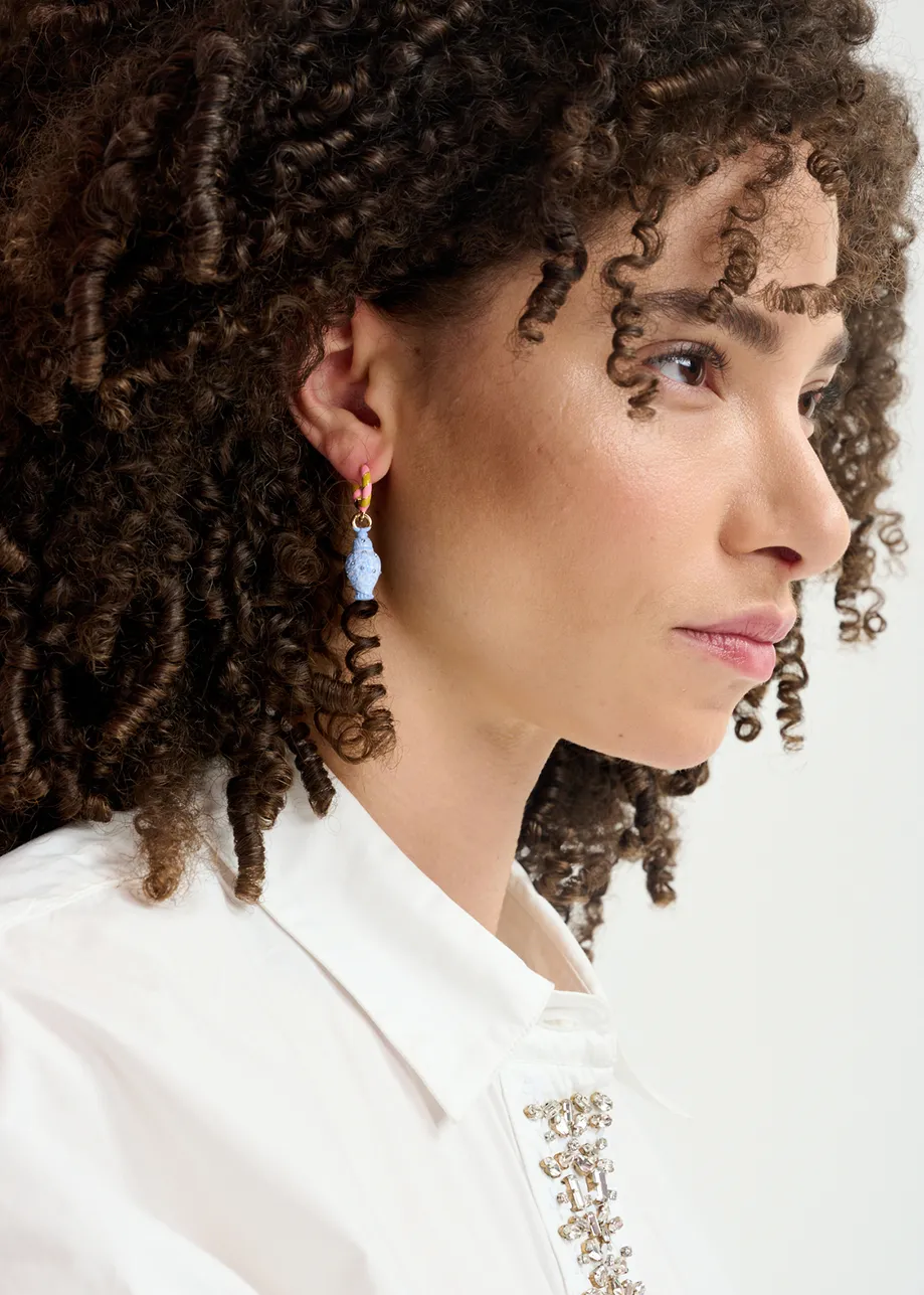 Pink and ochre hoop earrings with flamingo and vase pendants
