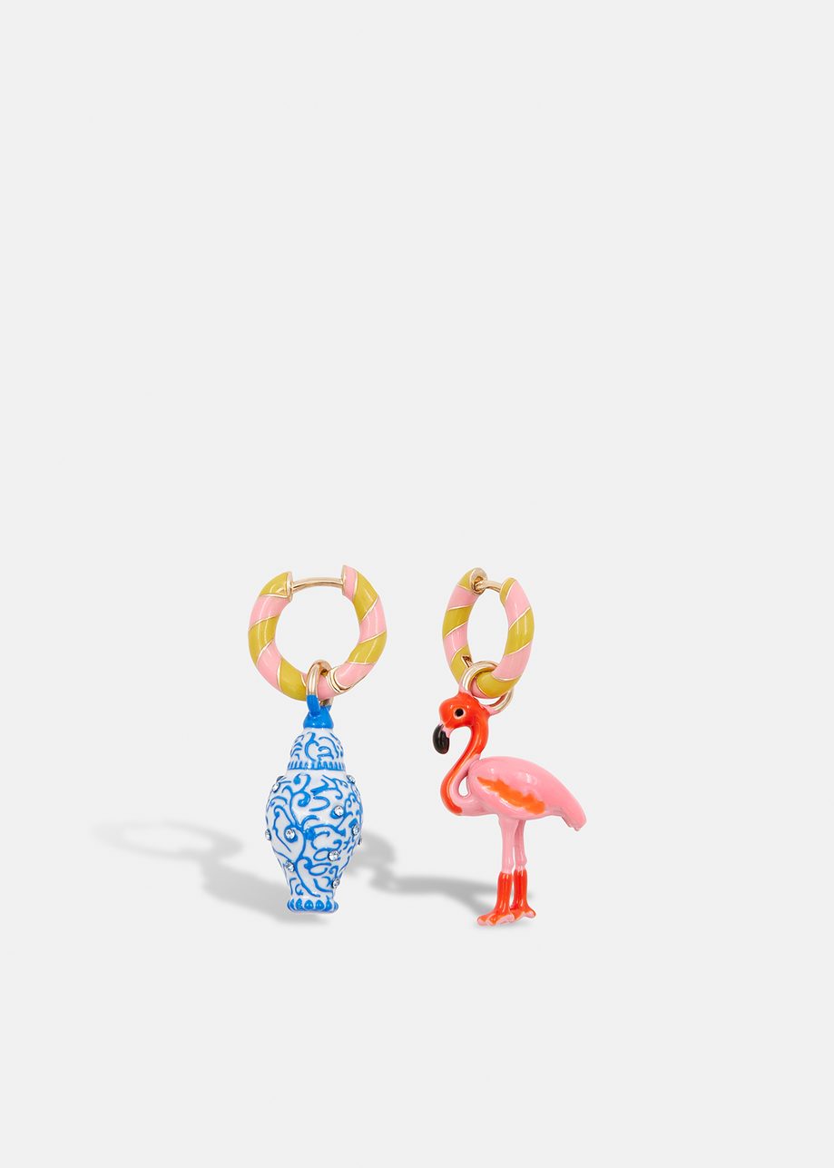 Pink and ochre hoop earrings with flamingo and vase pendants