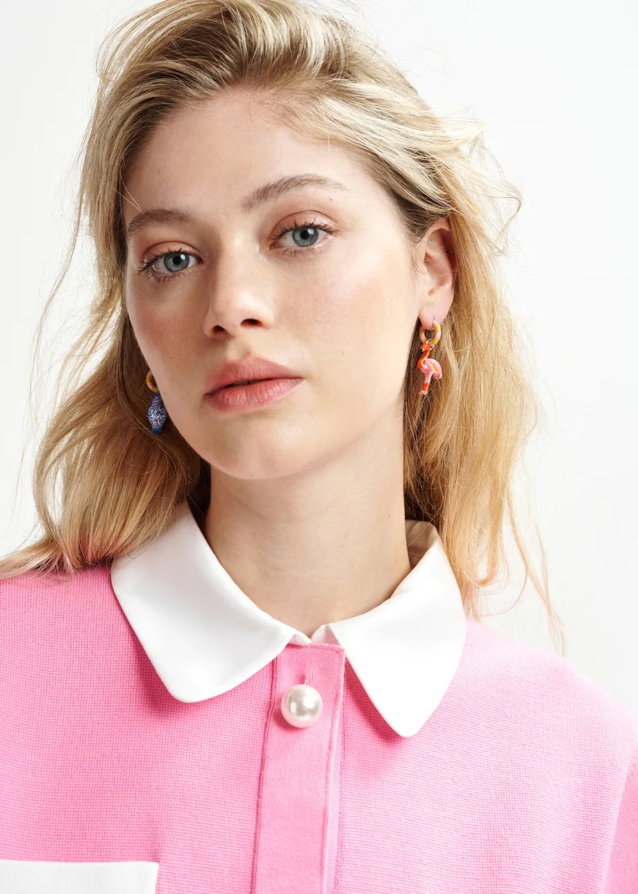 Pink and ochre hoop earrings with flamingo and vase pendants