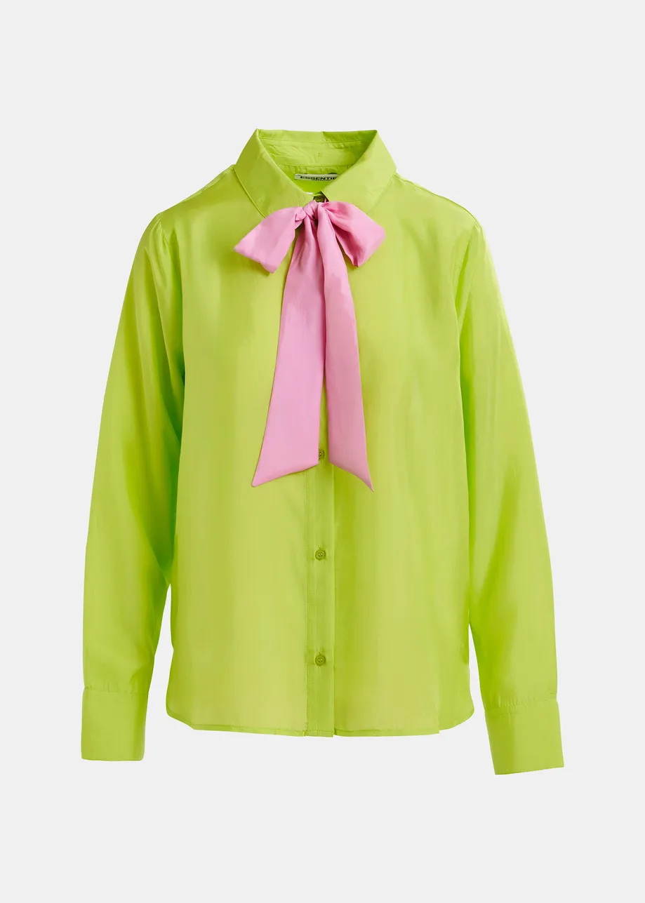 Camicia in seta verde lime e rosa con dettaglio fiocco a contrasto