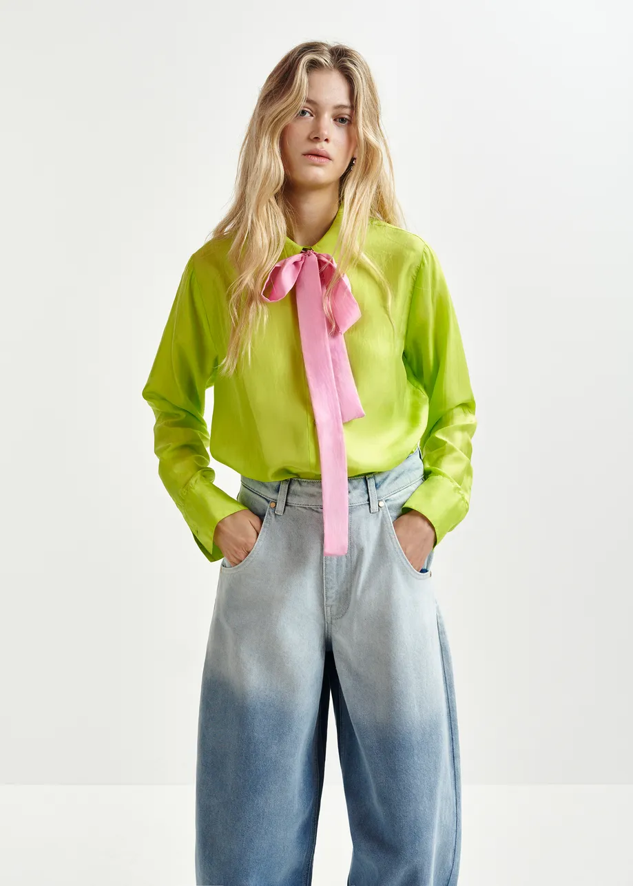 Lime green and pink silk shirt with contrasting self-tie bow detail