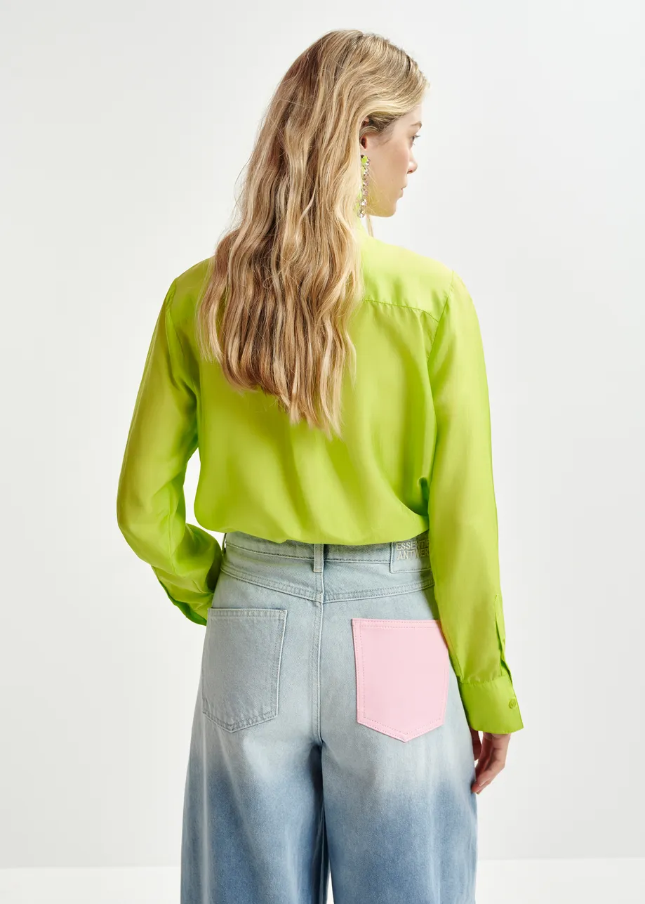 Chemise lavallière en soie vert citron et rose