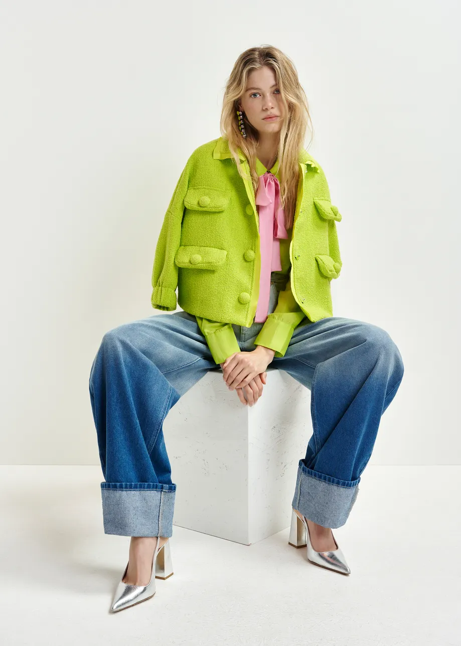 Lime green and pink silk shirt with contrasting self-tie bow detail