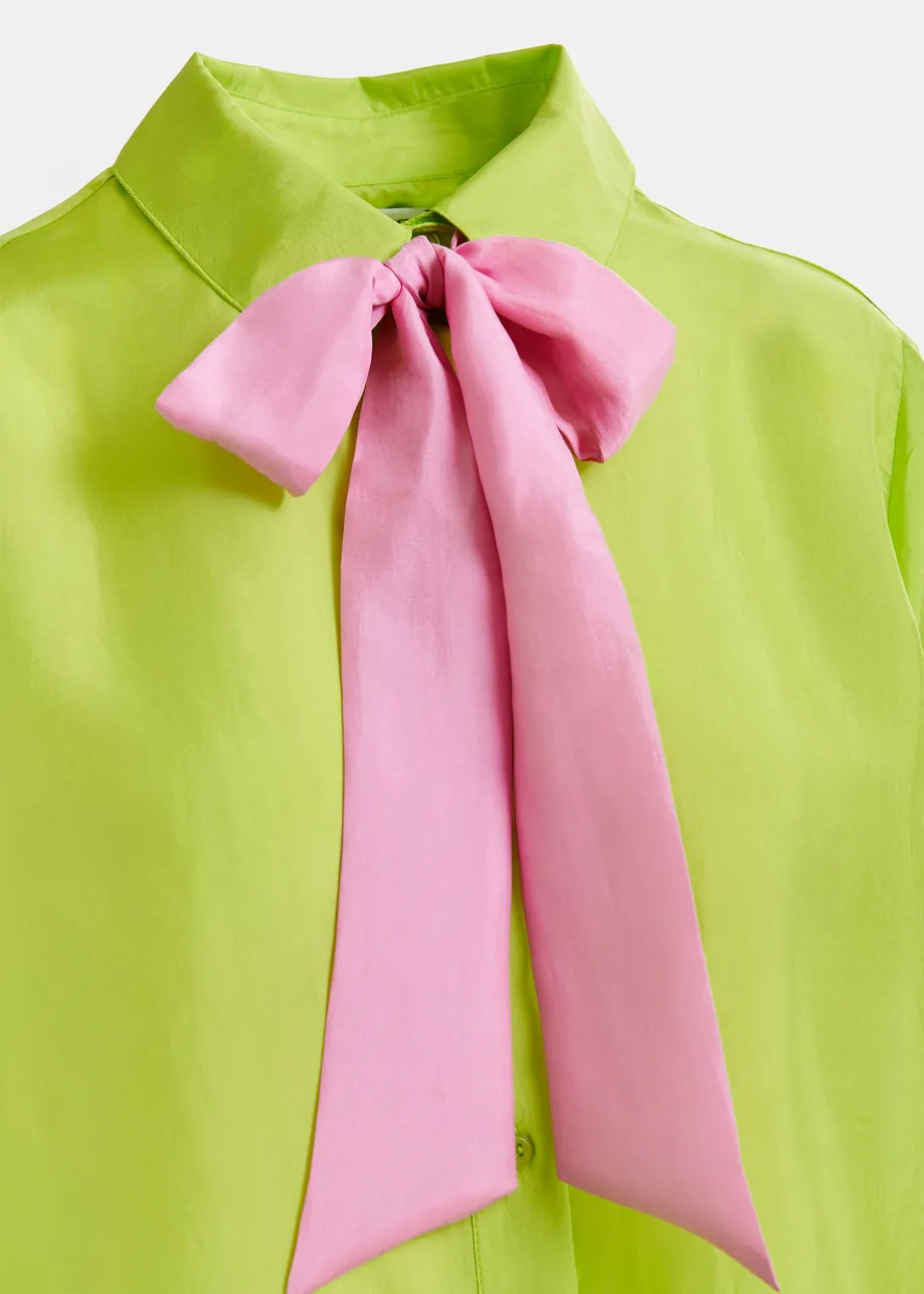 Lime green and pink silk shirt with contrasting self-tie bow detail