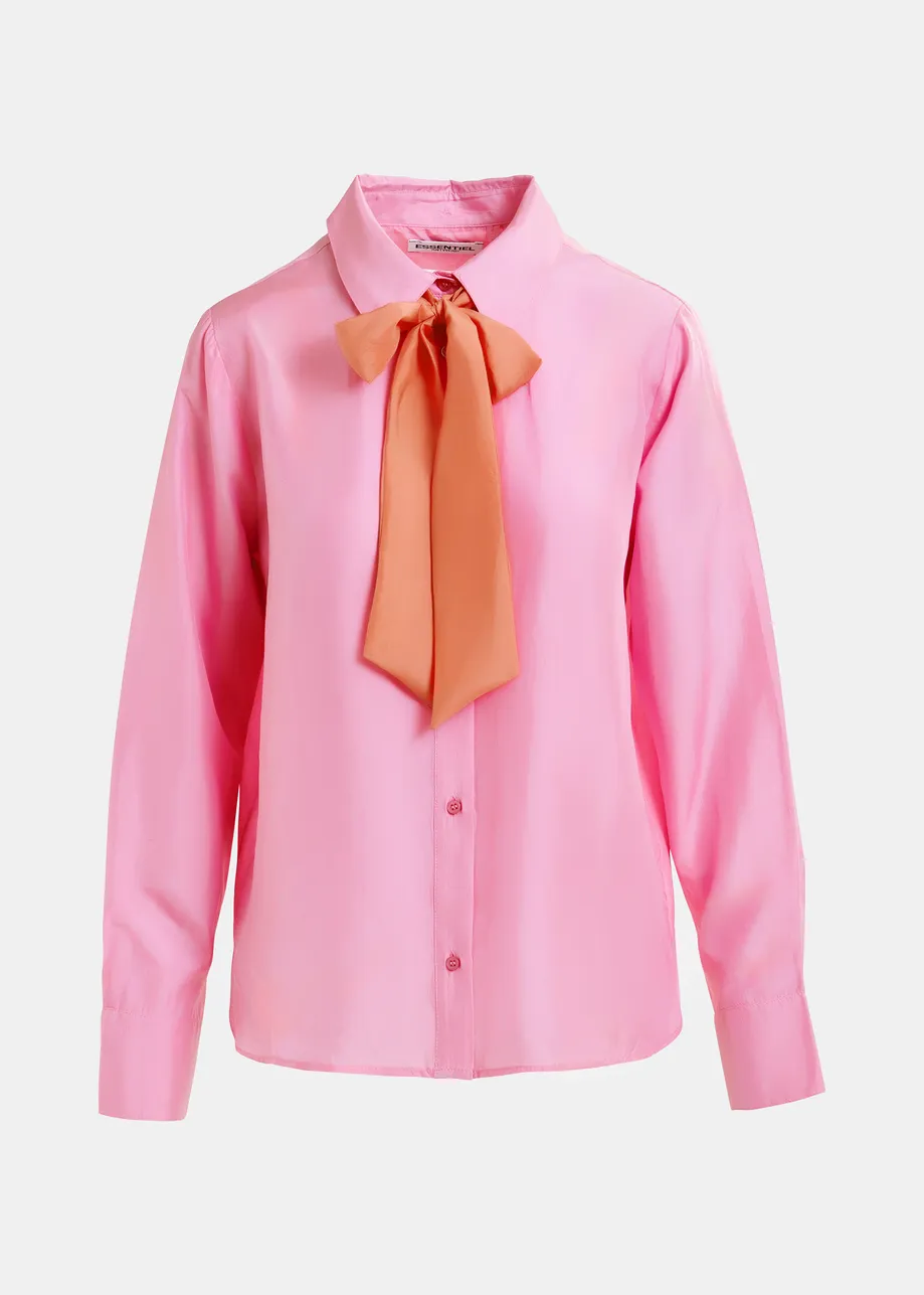 Camisa de seda con detalle de lazo en contraste, rosa y coral