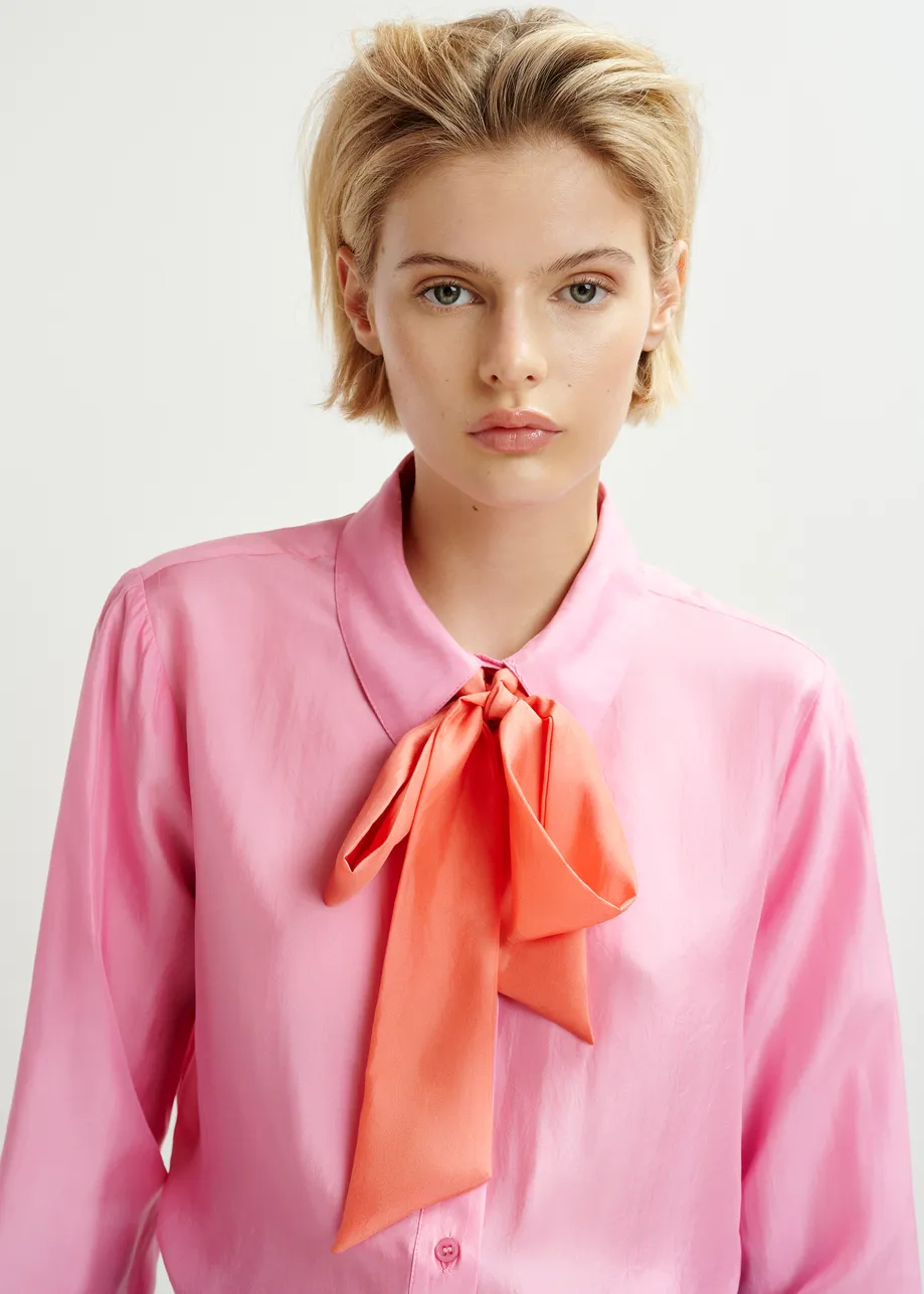 Pink and coral silk shirt with contrasting self-tie bow detail