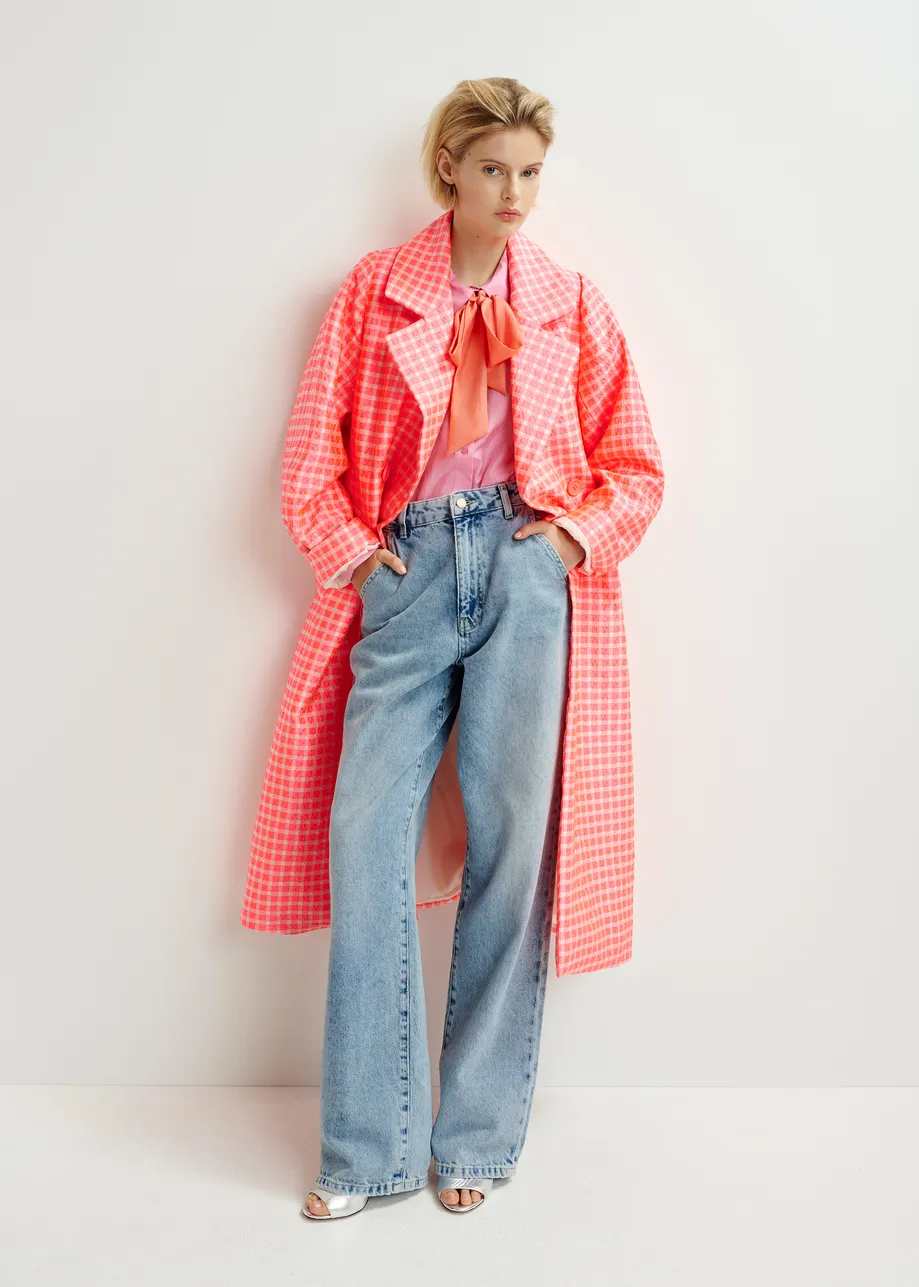 Pink and coral silk shirt with contrasting self-tie bow detail