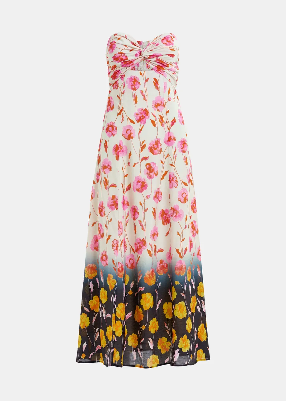 Off-white, pink and black floral strapless satin maxi-length dress