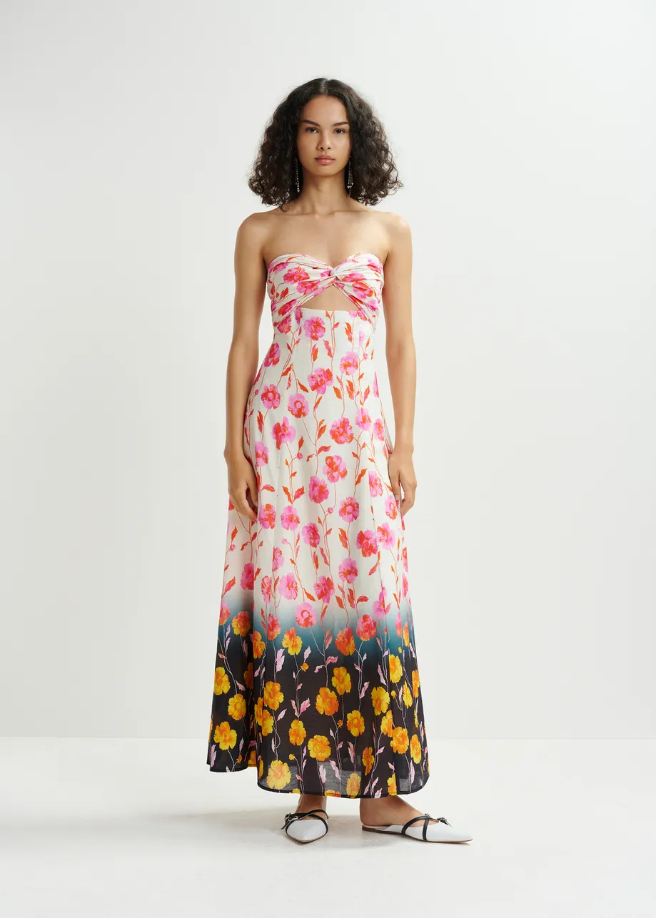 Gebroken witte, roze en zwarte strapless maxi-bloemenjurk van satijn