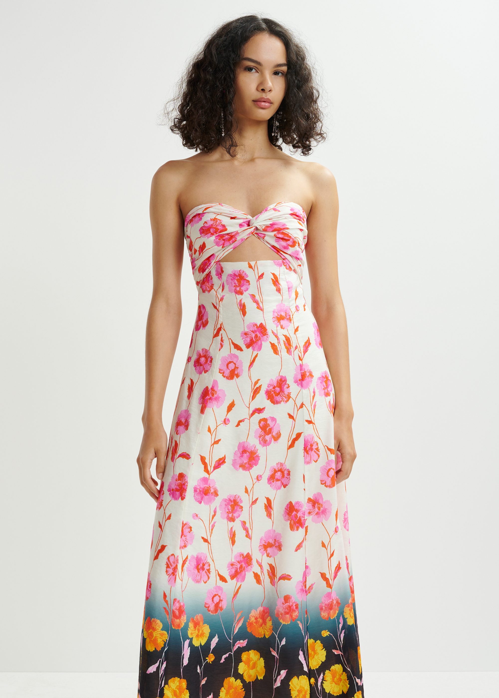 Off-white, pink and black floral strapless satin maxi-length