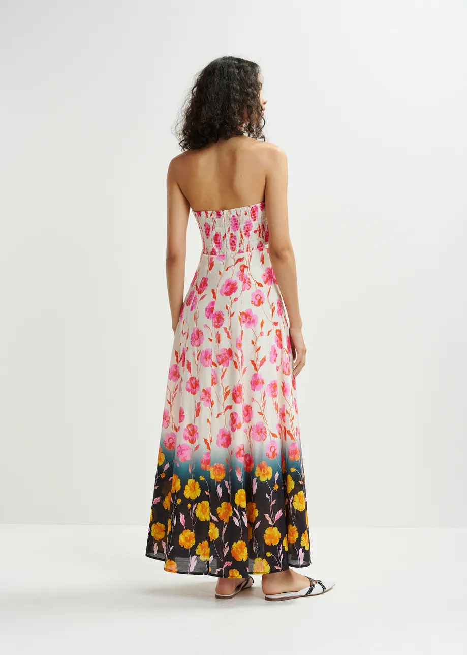 Off-white, pink and black floral strapless satin maxi-length dress