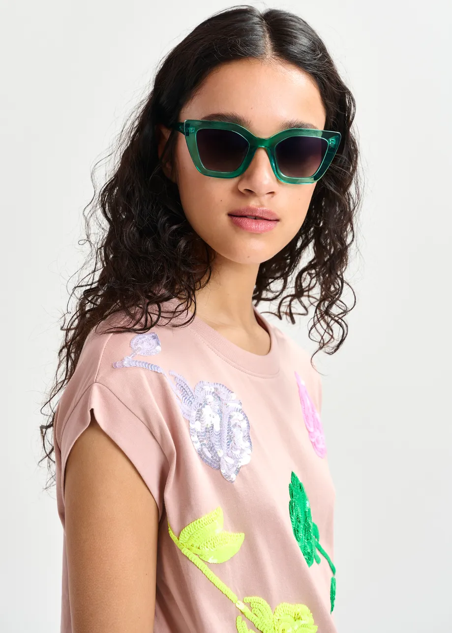 Vintage pink and multicolor cotton T-shirt with rose embroidery