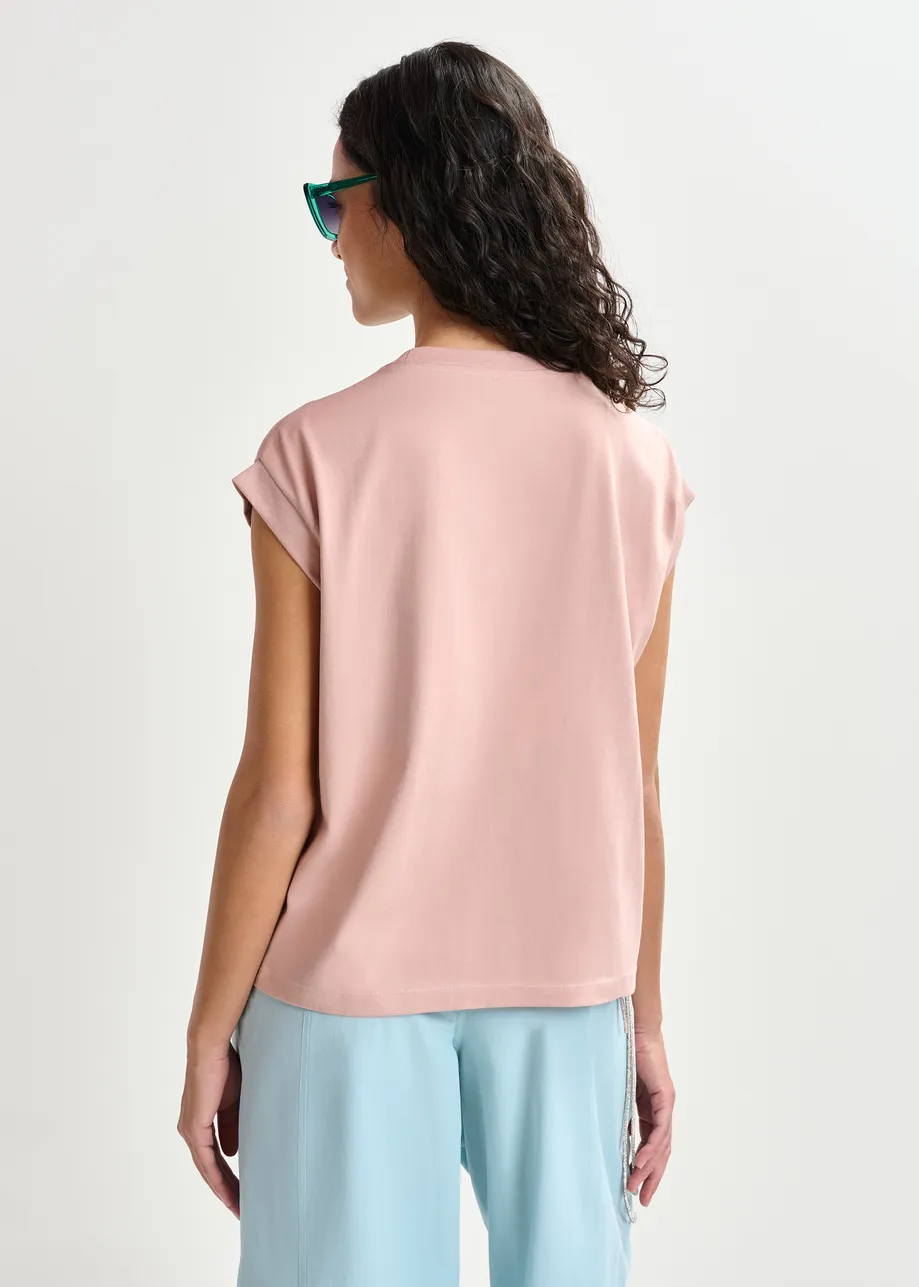 Vintage pink and multicolor cotton T-shirt with rose embroidery