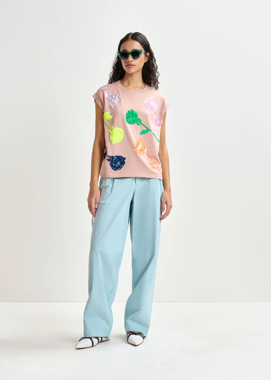 Vintage pink and multicolor cotton T-shirt with rose embroidery