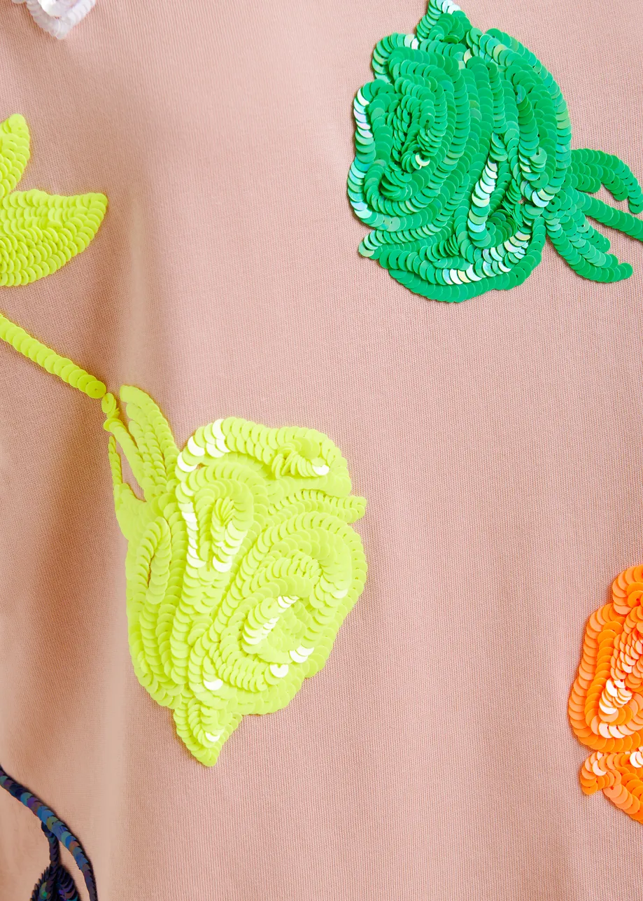 Vintage pink and multicolor cotton T-shirt with rose embroidery