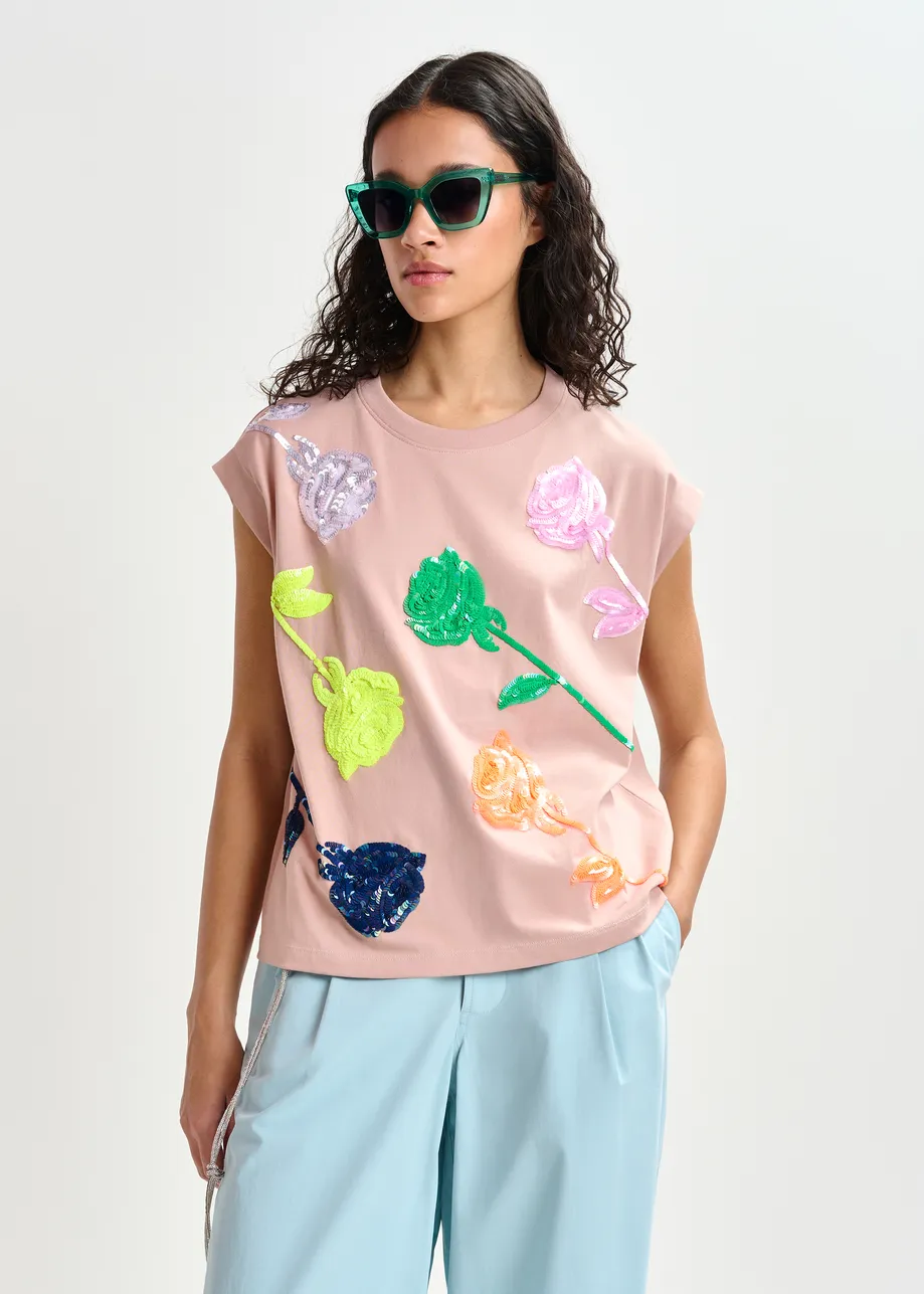 Vintage pink and multicolor cotton T-shirt with rose embroidery