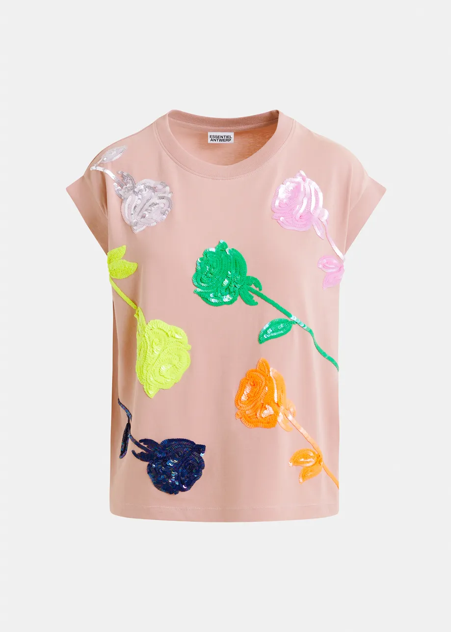 Vintage pink and multicolor cotton T-shirt with rose embroidery
