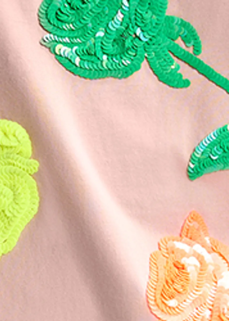 Vintage pink and multicolor cotton T-shirt with rose embroidery