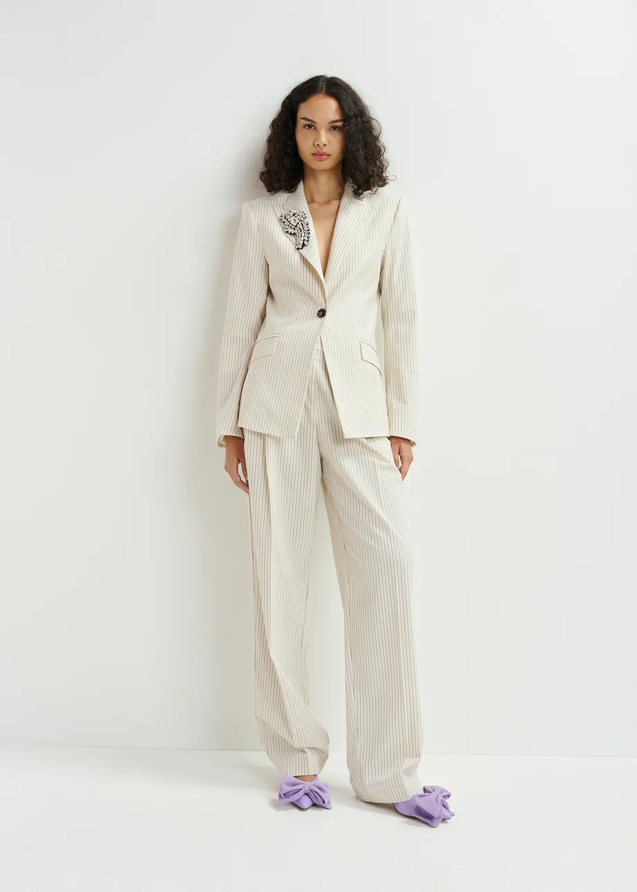 Off-white and black pinstriped tapered leg pants
