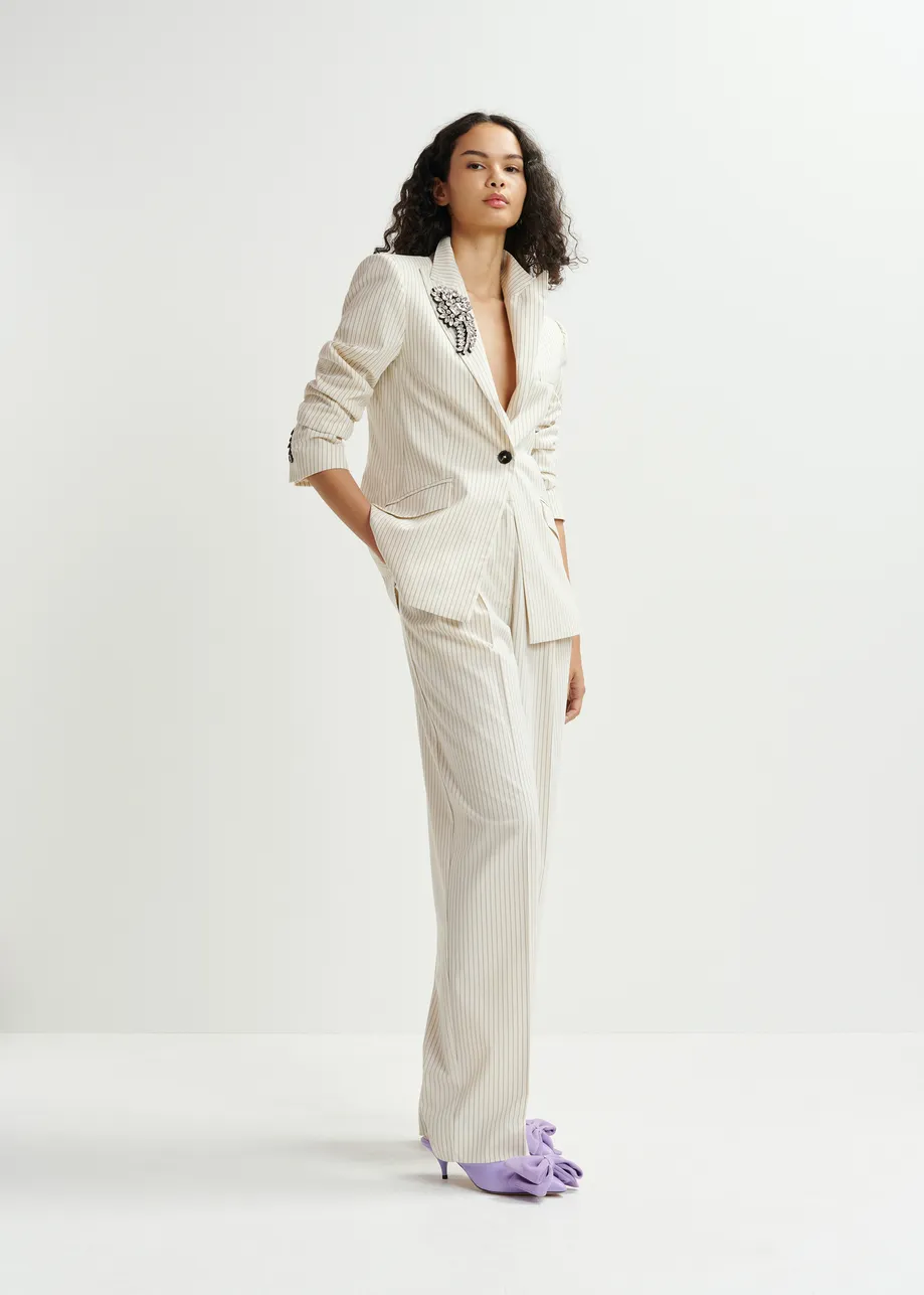 Off-white and black pinstriped tapered leg pants