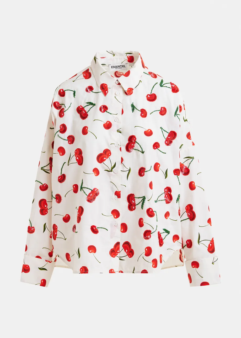 Camicia in cotone bianco, rosso e verde con stampa a ciliegie e decorazioni di paillettes