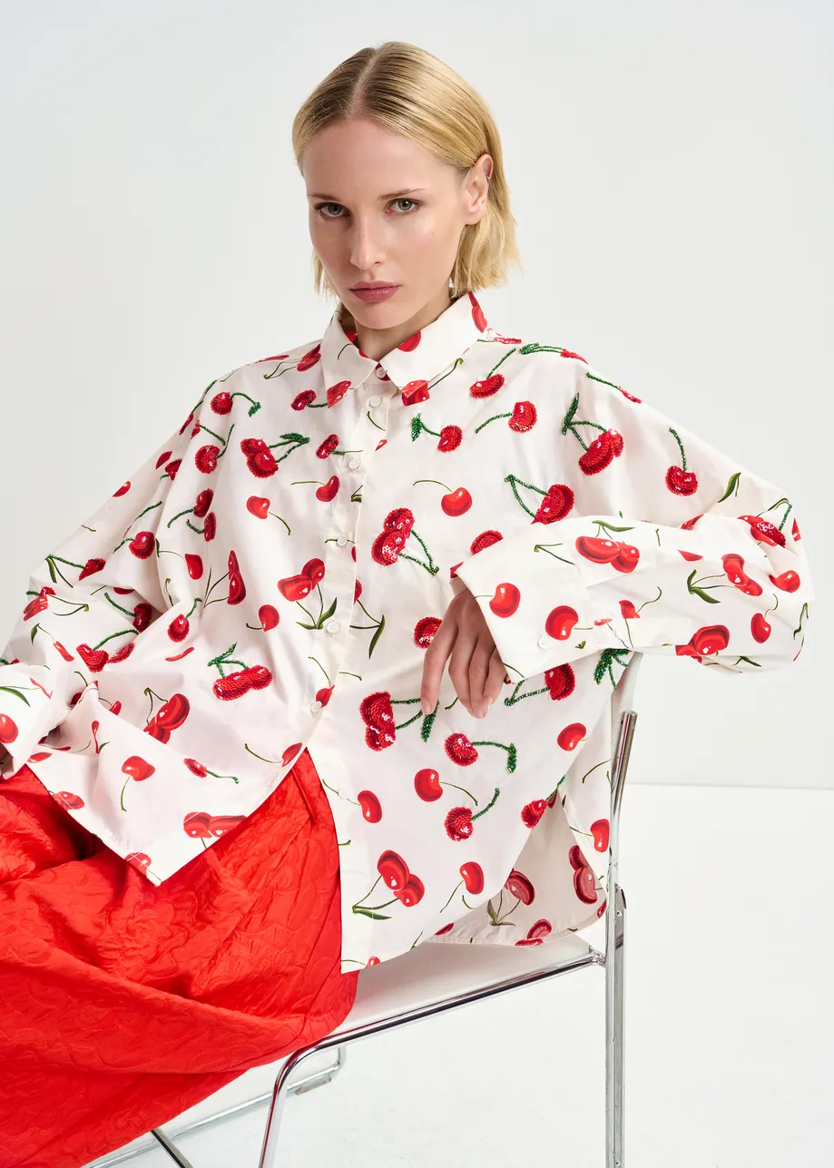 White, red and green cherry print cotton shirt with sequin embellishments