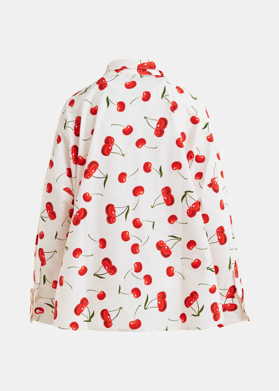 White, red and green cherry print cotton shirt with sequin embellishments