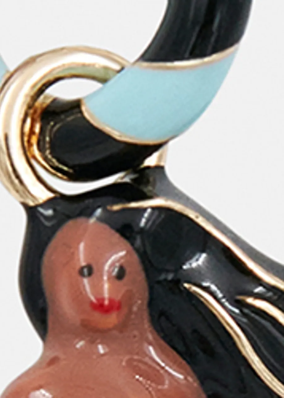 Blue and brown hoop earrings with mermaid and shark