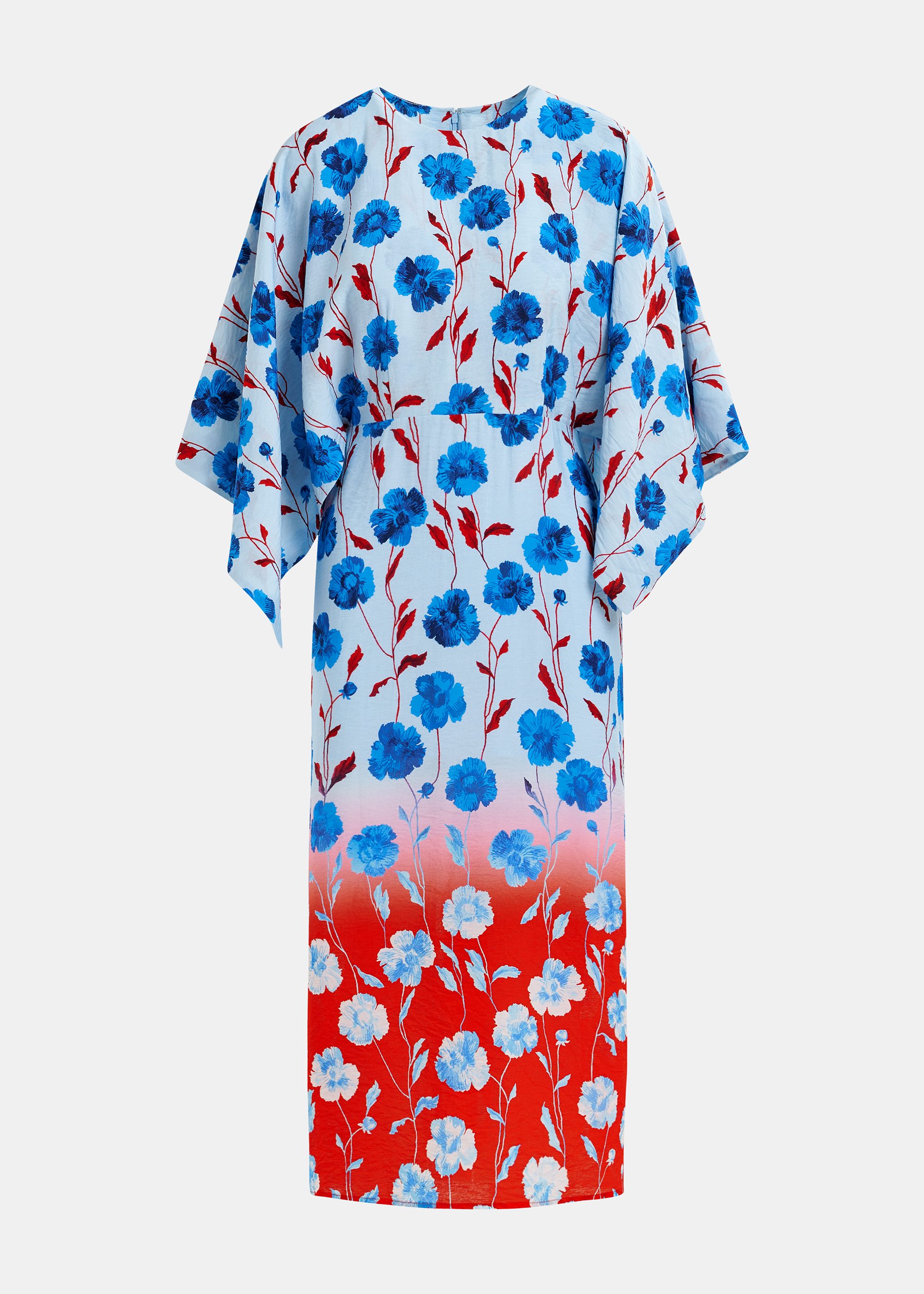 Blue, red and white floral print midi dress with kimono