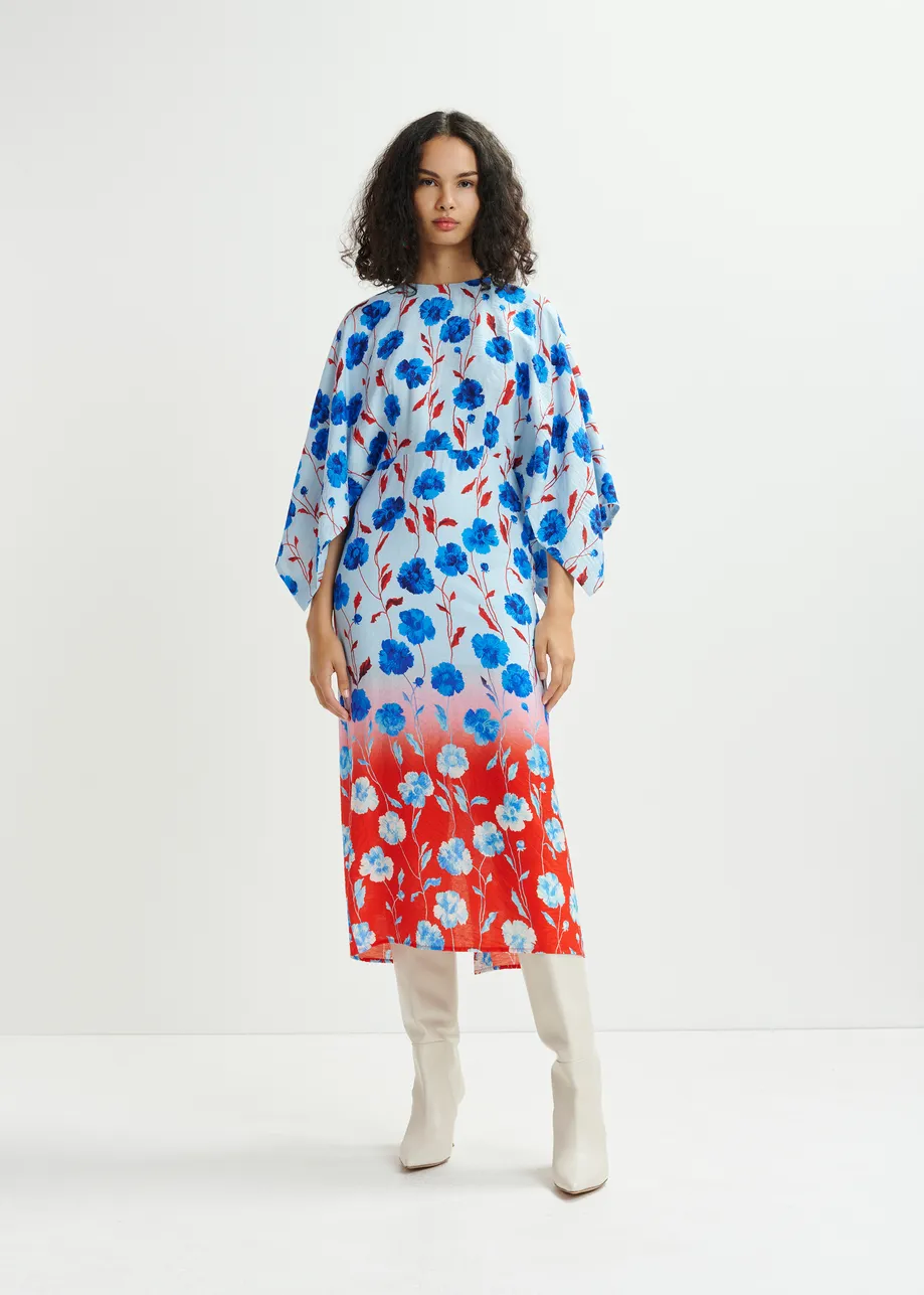 Blue, red and white floral print midi dress with kimono sleeves