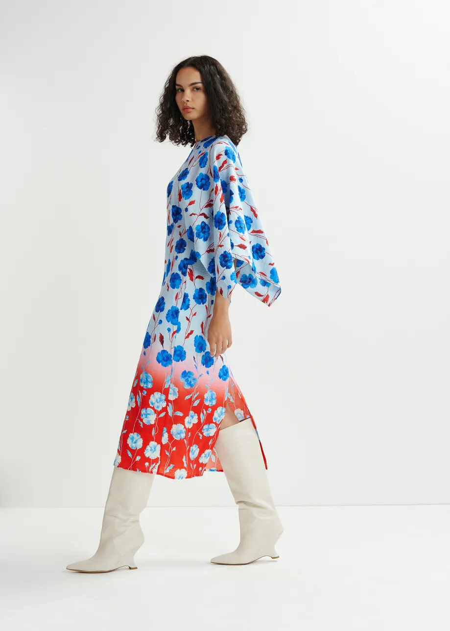 Blue, red and white floral print midi dress with kimono sleeves